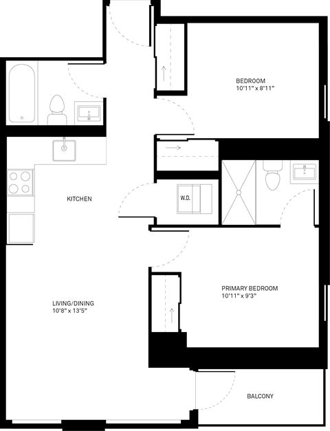 Floor plan for 2 beds, 2 baths, 766 sqft
